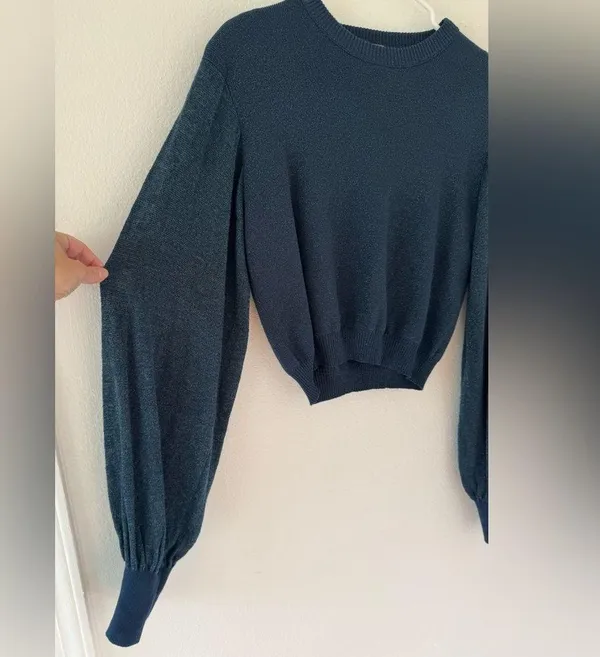 Free People Let It Shine Sweater Metallic Knit Cropped Balloon Sleeves Sz Small - Image 4