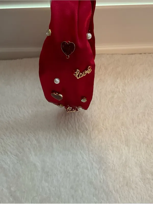 Primark Red Satin Knotted Headband with Pearl & Gold Details - Image 5