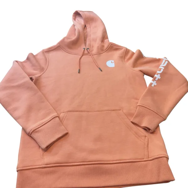 Carhartt Rose Clay Logo Sleeve Hoodie XS Relaxed Fit Pullover Sweatshirt Top EUC - Image 4