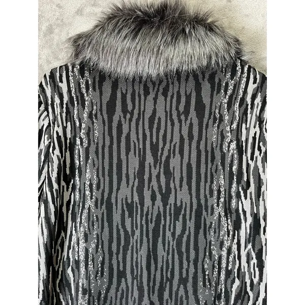 Ming Wang L Black Gray Animal Print Faux Fur Collar Statement Jacket Y2K Baddie - Image 4