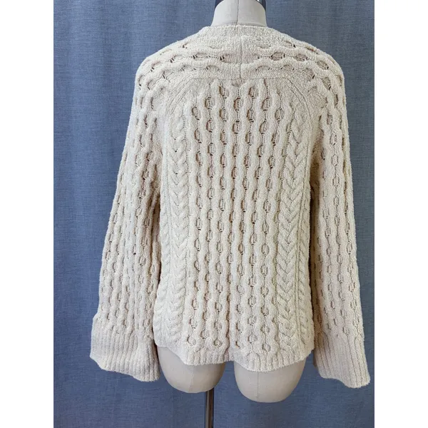 J.Crew Cream Openwork Cable Knit Cotton Sweater Bell Sleeve Large - Image 6
