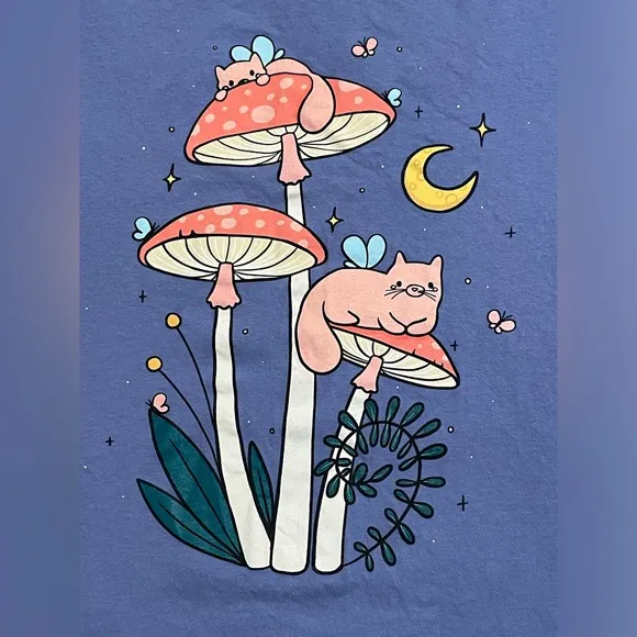 Medium purple, graphic T-shirt, with mushrooms, cats. - Image 2