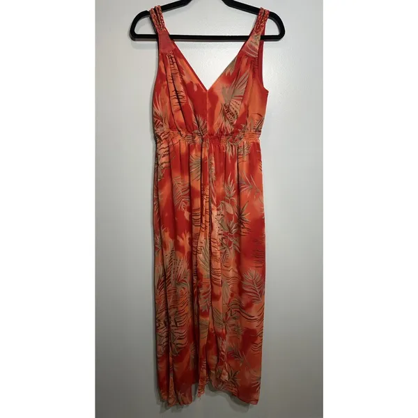 LINEA DOMANI Dress Orange-Red Hawaiian Resort Maxi V-neck Sleeveless Size 10 - Image 2
