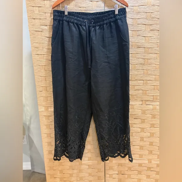 John Mark NWOT 100% Linen Black Wide Leg Lace Pants Cropped Size Large Pull On - Image 2