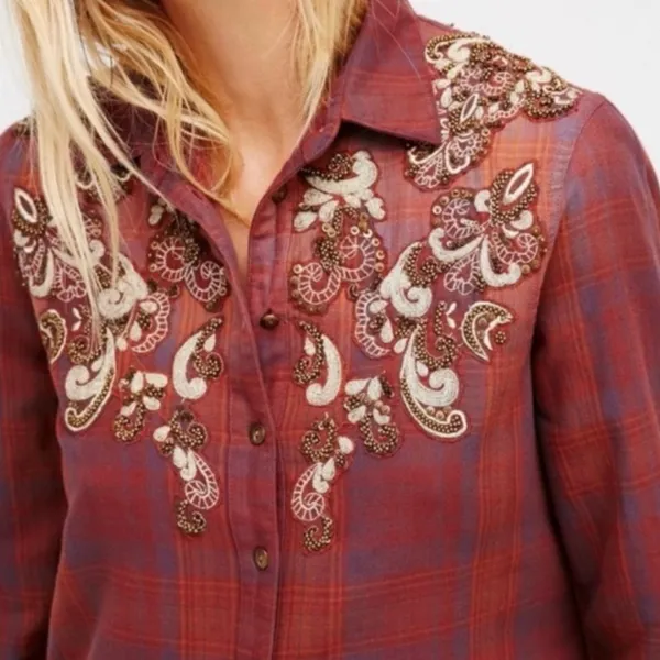 NWOT Free People Embroidered Plaid Tunic Shirt Boho Medium - Image 2