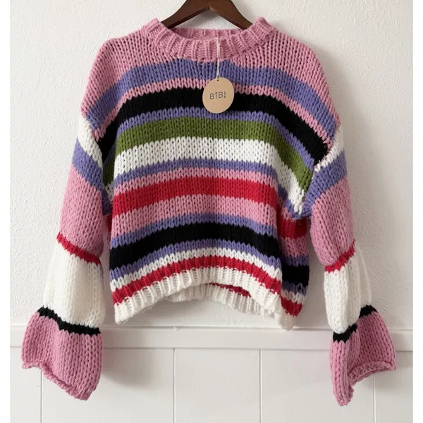 BiBi Sweater M Chunky Knit Striped Bell Sleeve Crop Pullover Colorful Boho NWT - Image 2