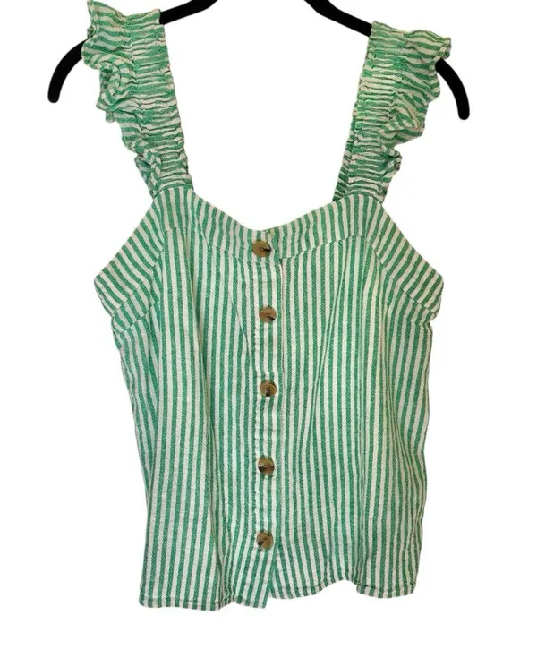 J. Crew Green Striped Linen Button Front Ruffle Top Small - Image 2