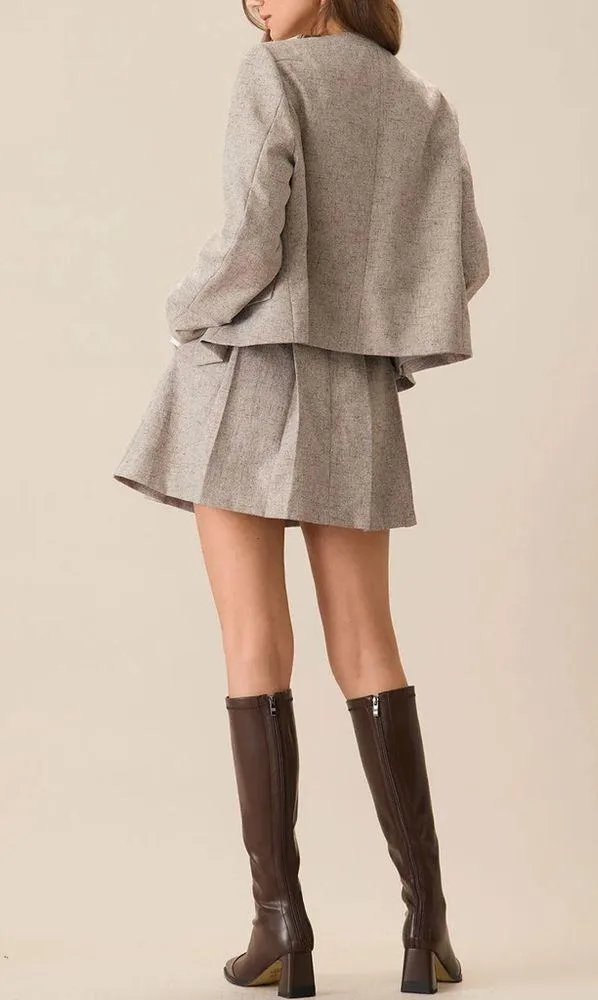 Rihoas Round Neck Khaki Single-Breasted Jacket & Pocket Pleated Mini Skirt - Image 3