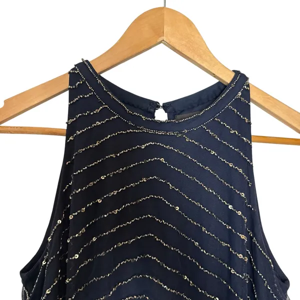 Adrianna Papell Navy Blue Sleeveless Blouson Beaded Cocktail Formal Gown Size 6 - Image 5