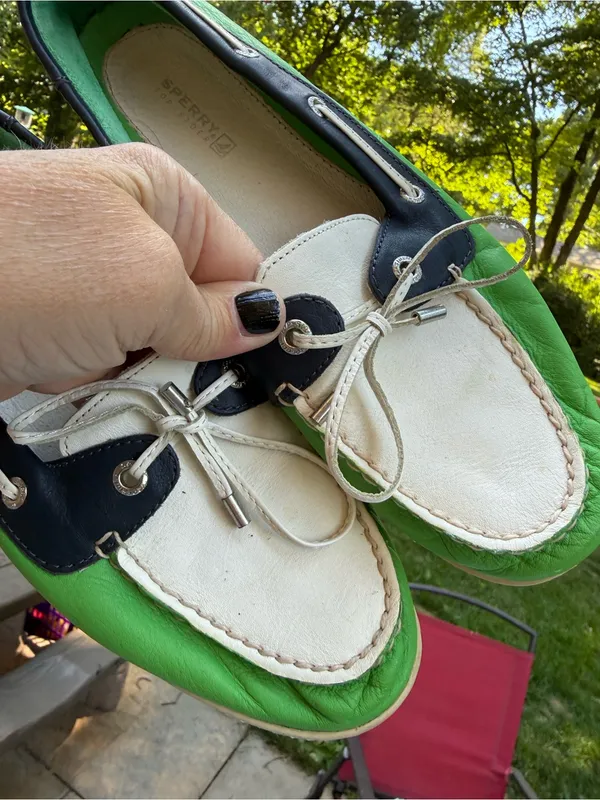 Sperry Top-Sider Vintage Leather Boat Shoes Silver Blue Green Womens Size 8 - Image 7