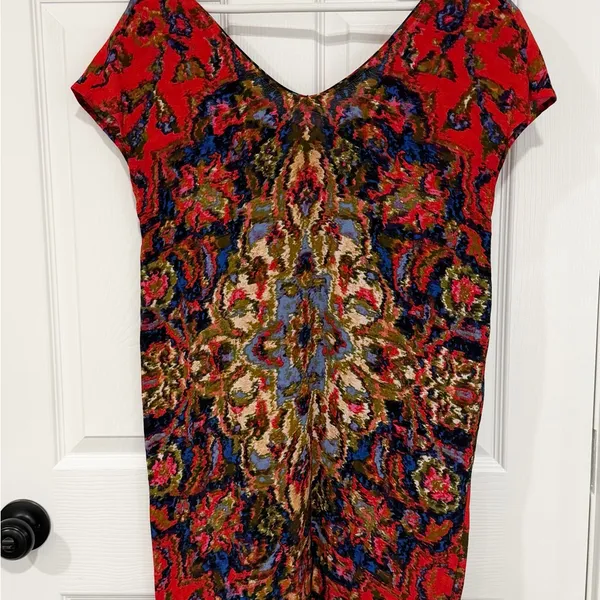 Maeve Red Multicolor Boho Festival Sheath Mini Small Dress V-Neck Short Sleeve - Image 8