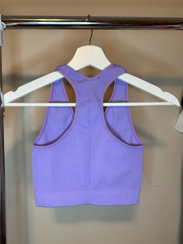 Seamed V-Neck Ribbed Crop Tank - Lavender - Image 2