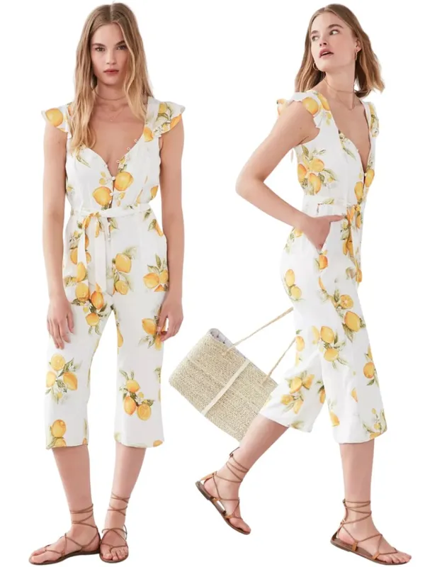 For Love & Lemons Limonada Tie-Front Jumpsuit Women's Medium White Lemon Print - Image 3