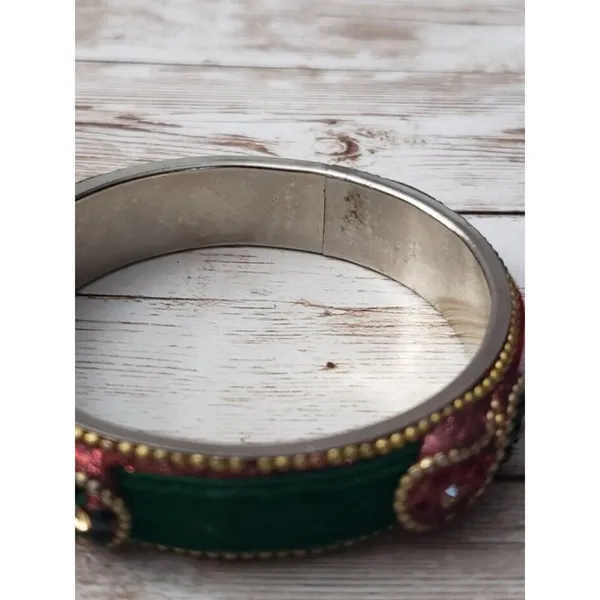 Vintage Bracelet / Bangle Red & Green Gold Tone Edging 2.25" Inside Width Small - Image 4