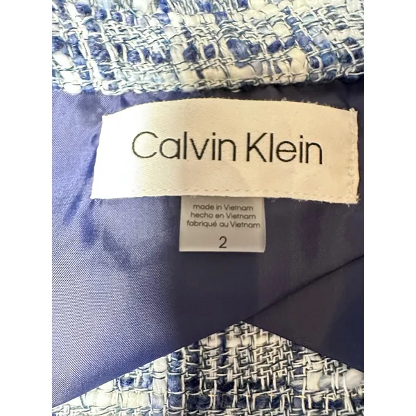 Calvin Klein Womens Blue White Tweed Fringe Open Front Jacket Size 2 Old money - Image 4