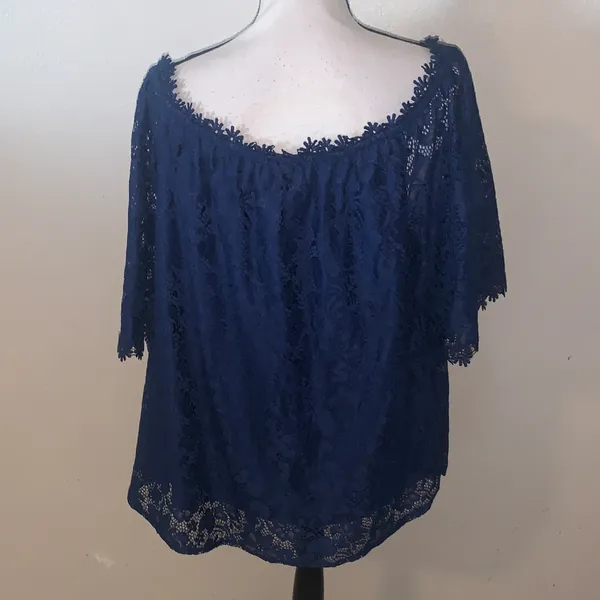 Women’s Miholl Navy Blue Bell Half-Sleeve Mesh Lace Top Off Shoulder - Image 5
