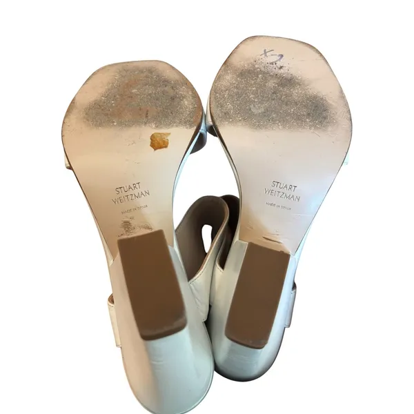 Stuart Weitzman Sandals Size 7 White‎ Leather Block Heel Square Toe Buckle Strap - Image 7
