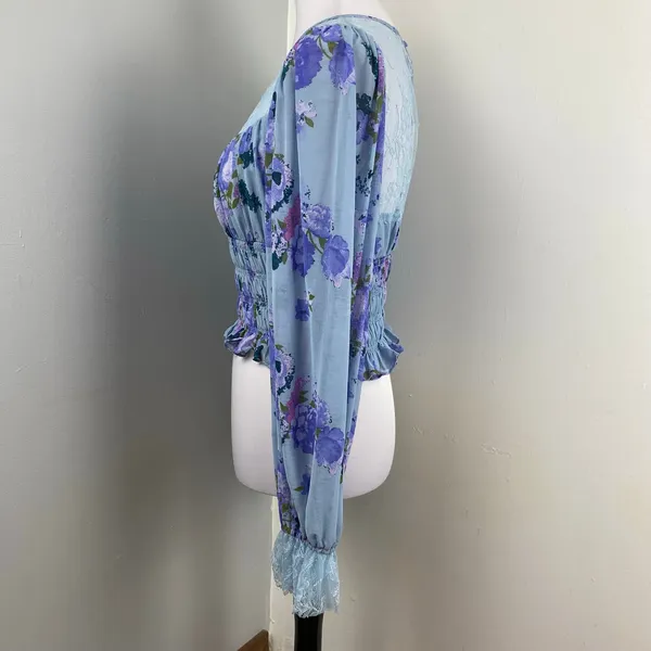 Free People Daphne Sliver Blue Floral Boho Smocked Lace Blouse Medium NWT $128 - Image 9