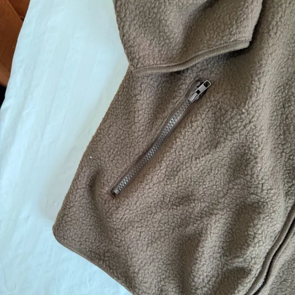 Women's Brown Fleece Style Zip Up Jacket with Zipout Infant Carrier Pocket Size - Image 3