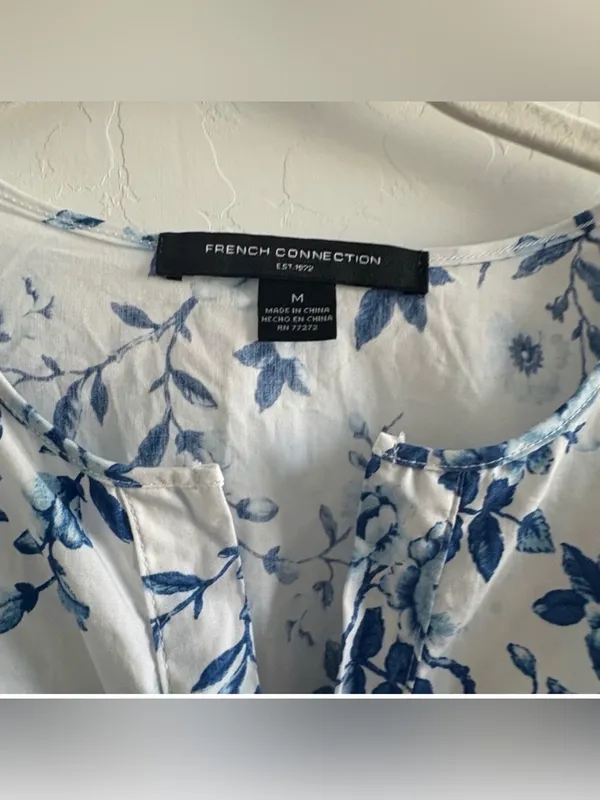 French Connection Floral Print Midi Dress Blue White Cottagecore Casual - Image 3