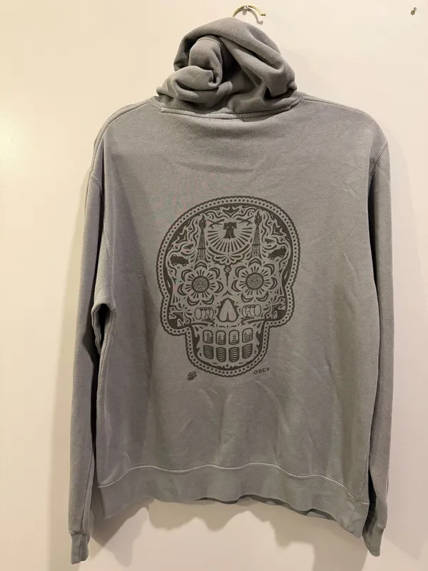 Obey Day Of The Dead Skull Detail Camden Hoodie Dusty Charcoal Grey - Image 4