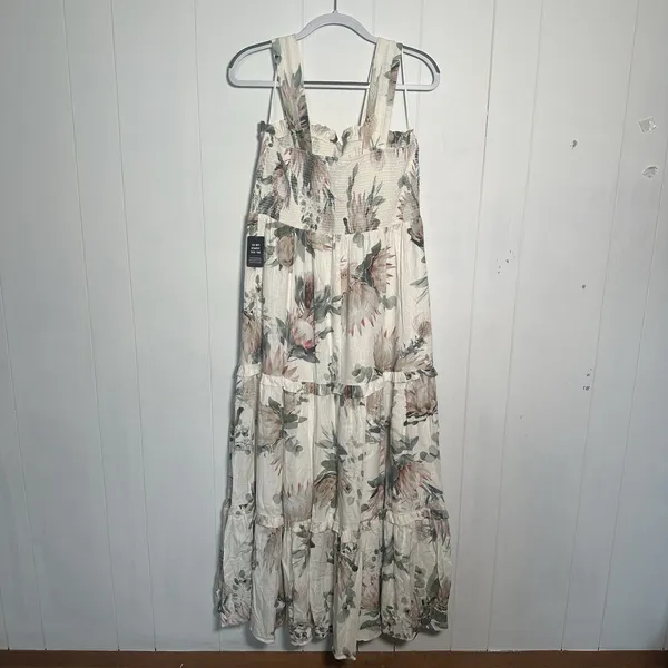 Express NWT Linen Blend Floral Square Neck Smocked Tiered Maxi Dress Large L - Image 4