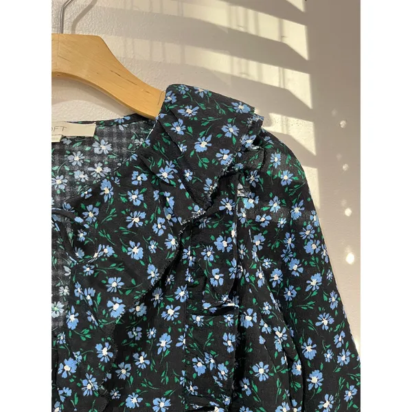 LOFT Black Blue Floral‎ Ruffle Tie Neck Blouse Romantic Cottagecore XS - Image 7