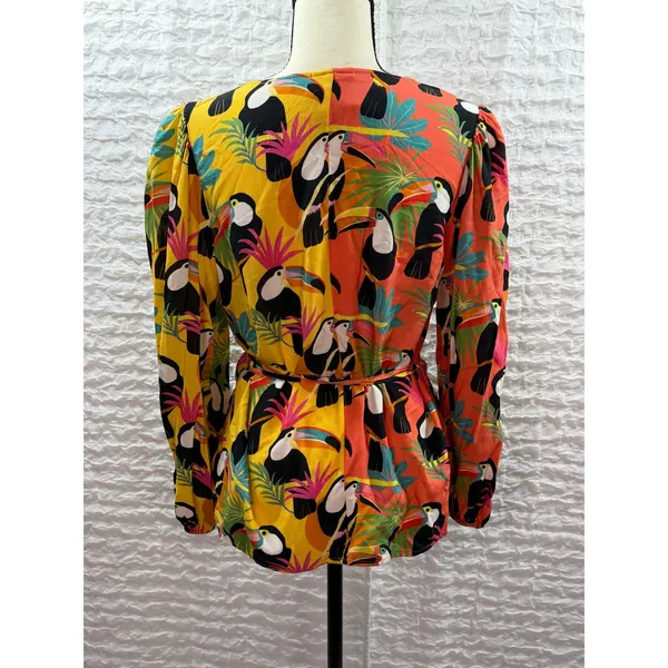 Farm Rio for Anthropologie Toucan Print Wrap Top Orange Yellow Beaded Tassel XS - Image 3