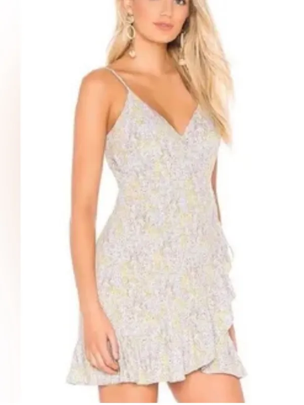 Free People All My Love Wrap Dress Blue Yellow Floral Mini Ruffle Hem size M - Image 4