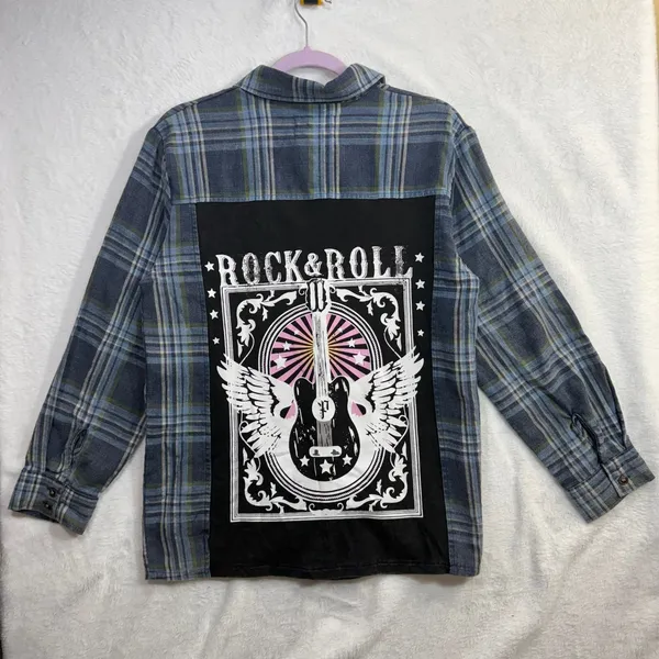 Panache Apparel S Flannel Shirt Rock‎ & Roll Graphic Guitar Patch Plaid Western - Image 2