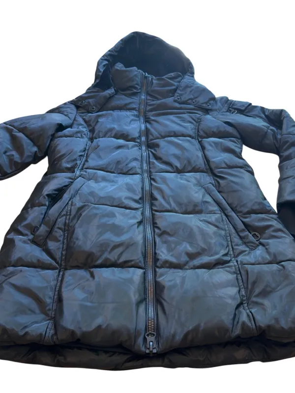 Noize Black Hooded Puffer Jacket Vegan Leather Trim Womens Medium Belt Missing - Image 6