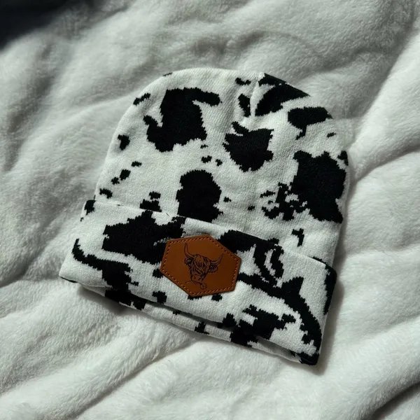 Boutique Cow Print Beanie Western Boho Knit Hat Black White - Image 2