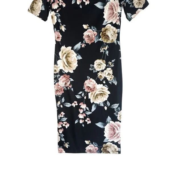Haute Monde Floral Midi Dress M Black Off The Shoulder Sheath Bodycon‎ Pink Rose - Image 4