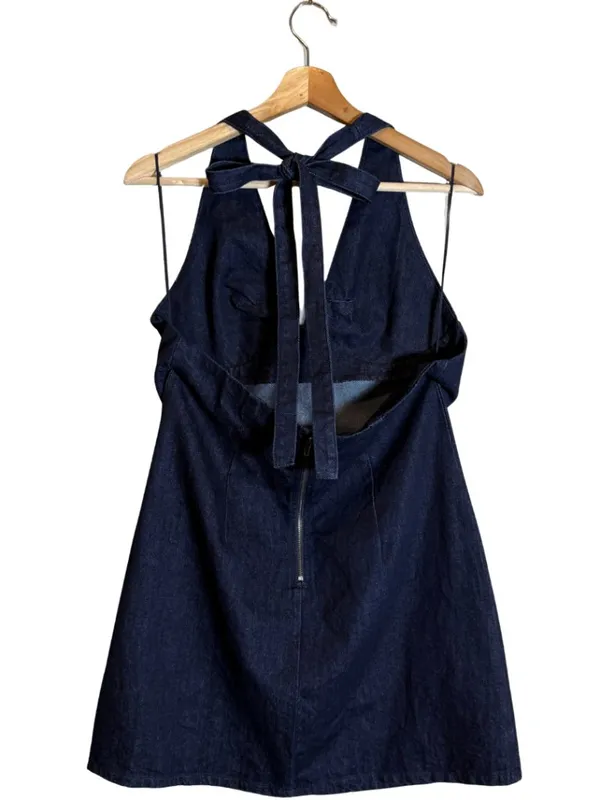 Free People Trevi Denim Mini Dress Women's Large Rinse Halter Backless Festival - Image 6