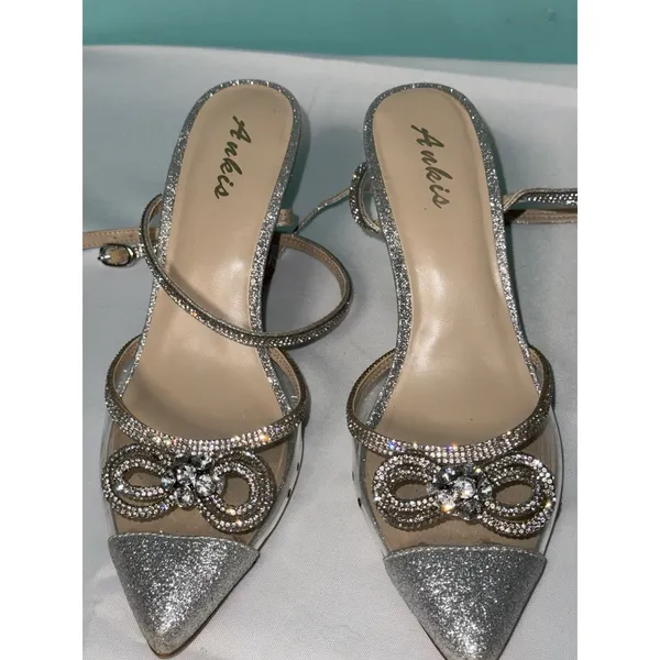 Ankis Women's US Size 8.5 Sling Back Comfy Toe Heels Shoes Silver S-621‎ - Image 2