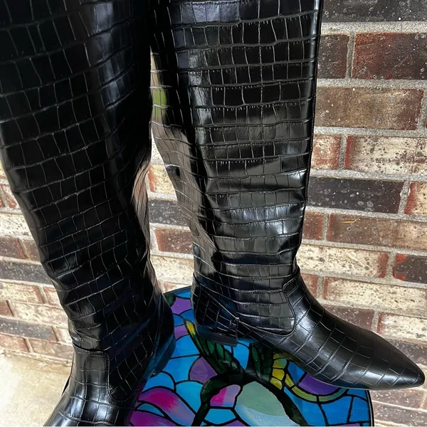 Tall Boots Women 8.5 Black Croc Embossed Pointed Toe‎ Knee High Low Heel NWOT - Image 6