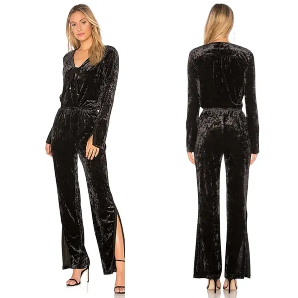 We are HAH NEW Large Black Crushed Velvet JUMP ON IT Flare Long Sleeve Jumpsuit - Image 2