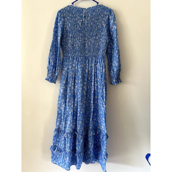 Pink City Prints Tuckernuck Blue Smocked Tiered Long Sleeve Dress Size XS - Image 5