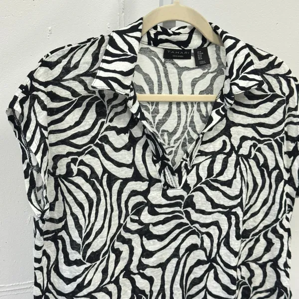 Tahari 100% Linen Zebra Print V-Neck Cap Sleeve‎ Top T-shirt Black White Med - Image 3