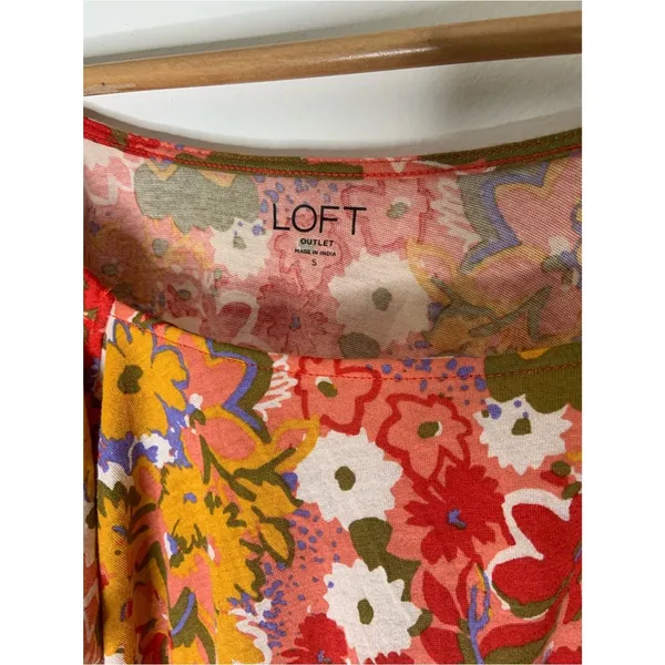 LOFT Red Multi Floral Cotton Puff Sleeve Smocked Waist Blouse S Spring - Image 2