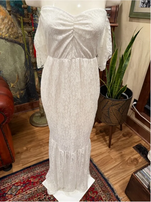 White Lace Mermaid Wedding Dress Off Shoulder Prom Bridal Gown Minimalist Size M - Image 7