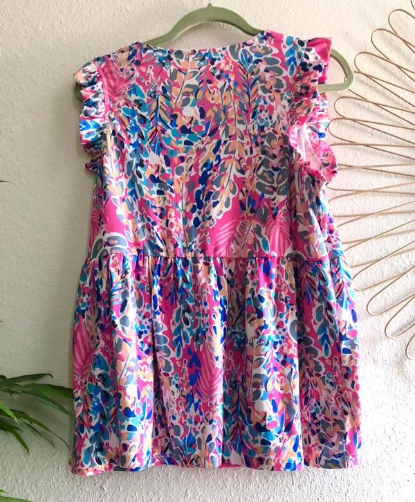 Deep V neck colorful multicolored ruffle hem sleeveless top blouse - Image 3