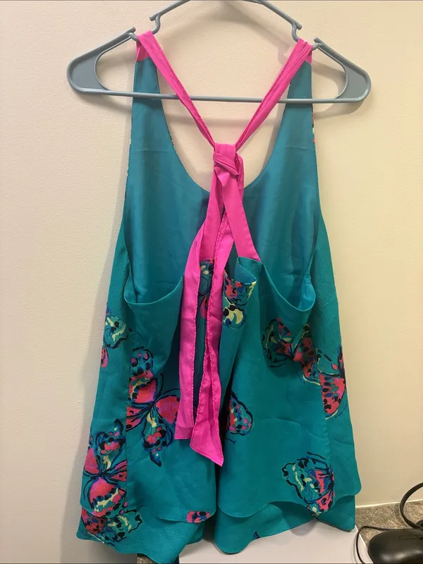 Lilly Pulitzer Teal Butterfly Print Tank with Pink Tie Back - Image 2