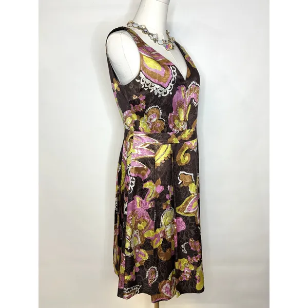 Tory Burch Silk Metallic Paisley Floral V-Neck Fit & Flare Cocktail Dress 4 - Image 4
