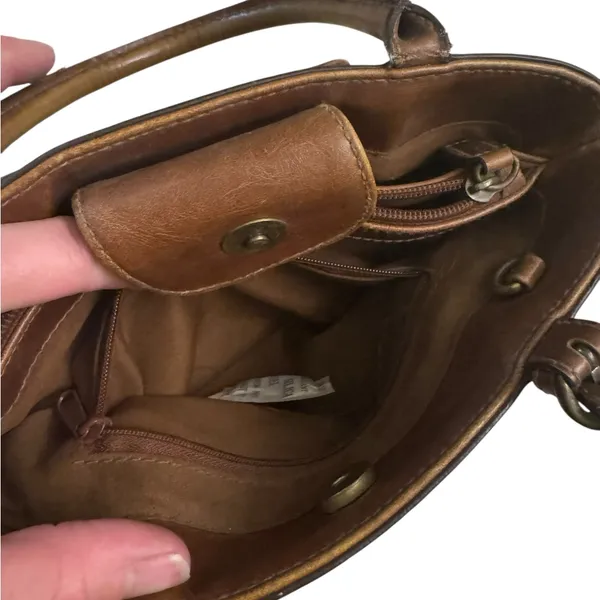 Vintage-Style‎ Brown Faux Leather Handbag Small Tote Purse w/ Cutout Detail Y2K - Image 5