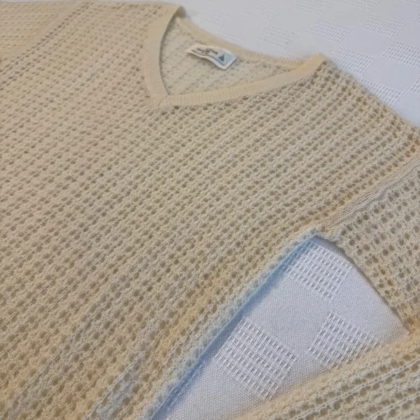 Abercrombie & Fitch Cream Open Knit V Neck Sweater Lightweight Preppy Capsule LG - Image 2