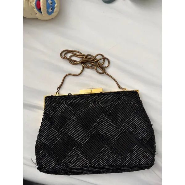 Vintage Marshall‎ Fields Black Beaded Clutch Hand Made Evening Bag Gold Chain - Image 12