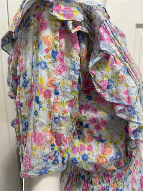 LoveShackFancy 100% Cotton Smocked Ruffle Mini Dress Blue & Pink Floral Size XS - Image 10
