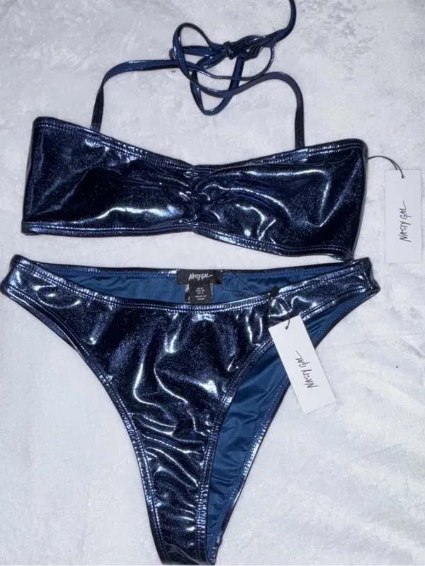 Nasty Gal Metallic Navy Bandeau Bikini Set - Image 6