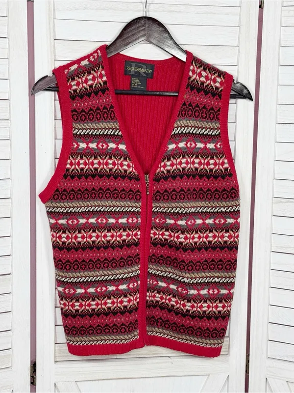 Vintage Requirements Fair Isle V Neck Zip‎ Up Sweater Vest Red Multi Medium - Image 7